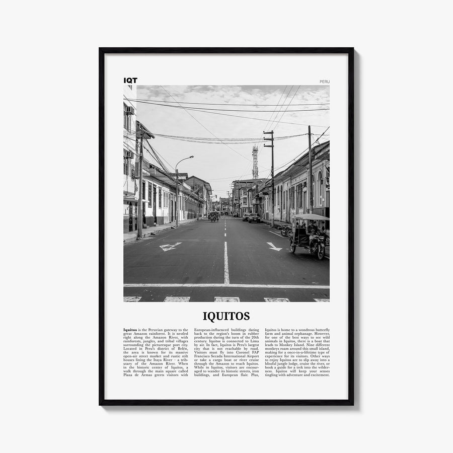 Iquitos black & white newspaper poster of Peru – vertical wall art, unframed print shown in interior mockup
