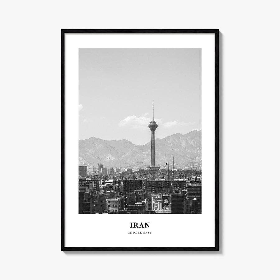 Iran black & white classic poster of Middle East – vertical wall art, unframed print shown in interior mockup