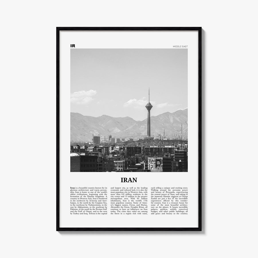 Iran black & white newspaper poster of Middle East – vertical wall art, unframed print shown in interior mockup