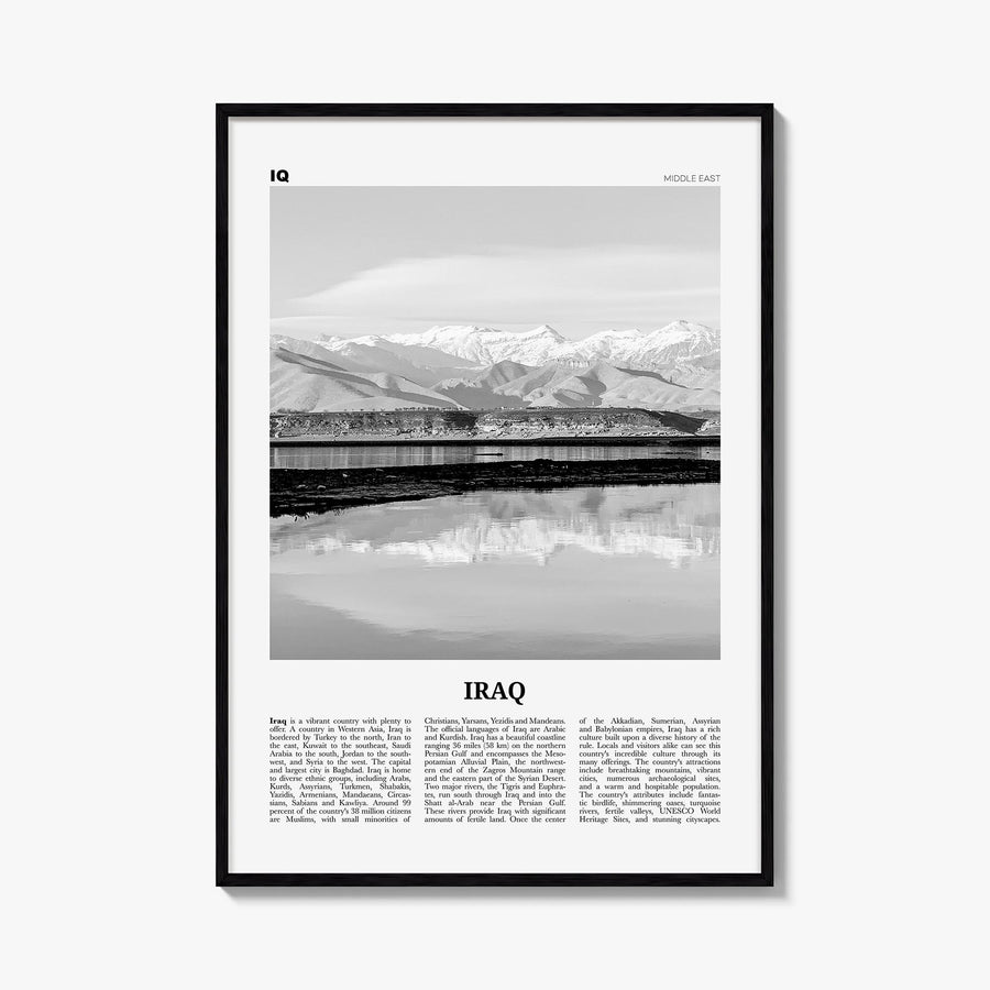 Iraq black & white newspaper poster of Middle East – vertical wall art, unframed print shown in interior mockup