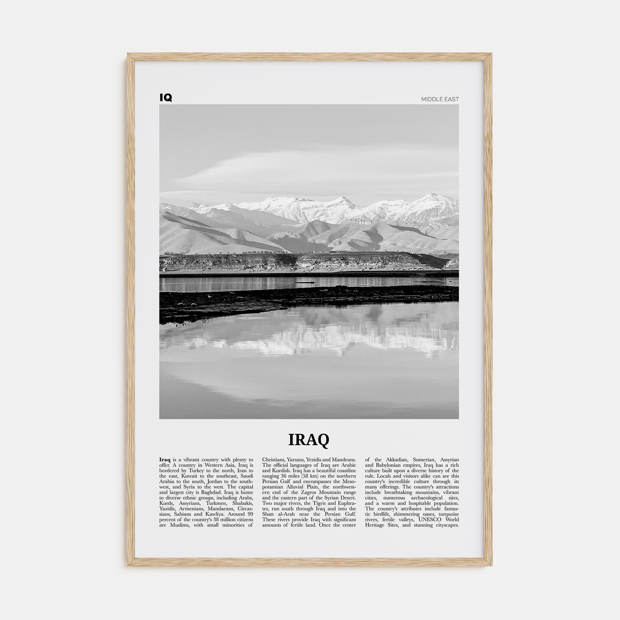 Iraq Poster Natural Wood / 8x12 in Nbourhood Travel B&W Poster