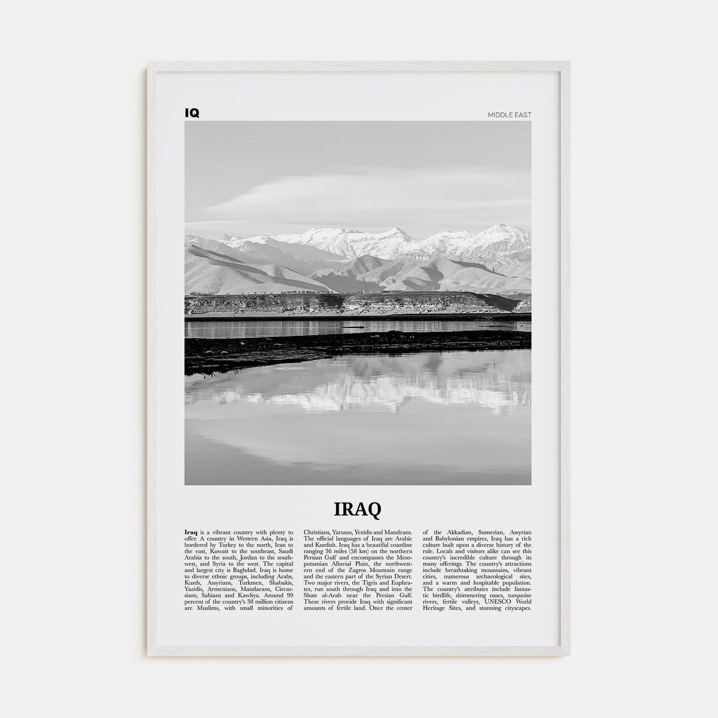 Iraq Poster White Wood / 8x12 in Nbourhood Travel B&W Poster