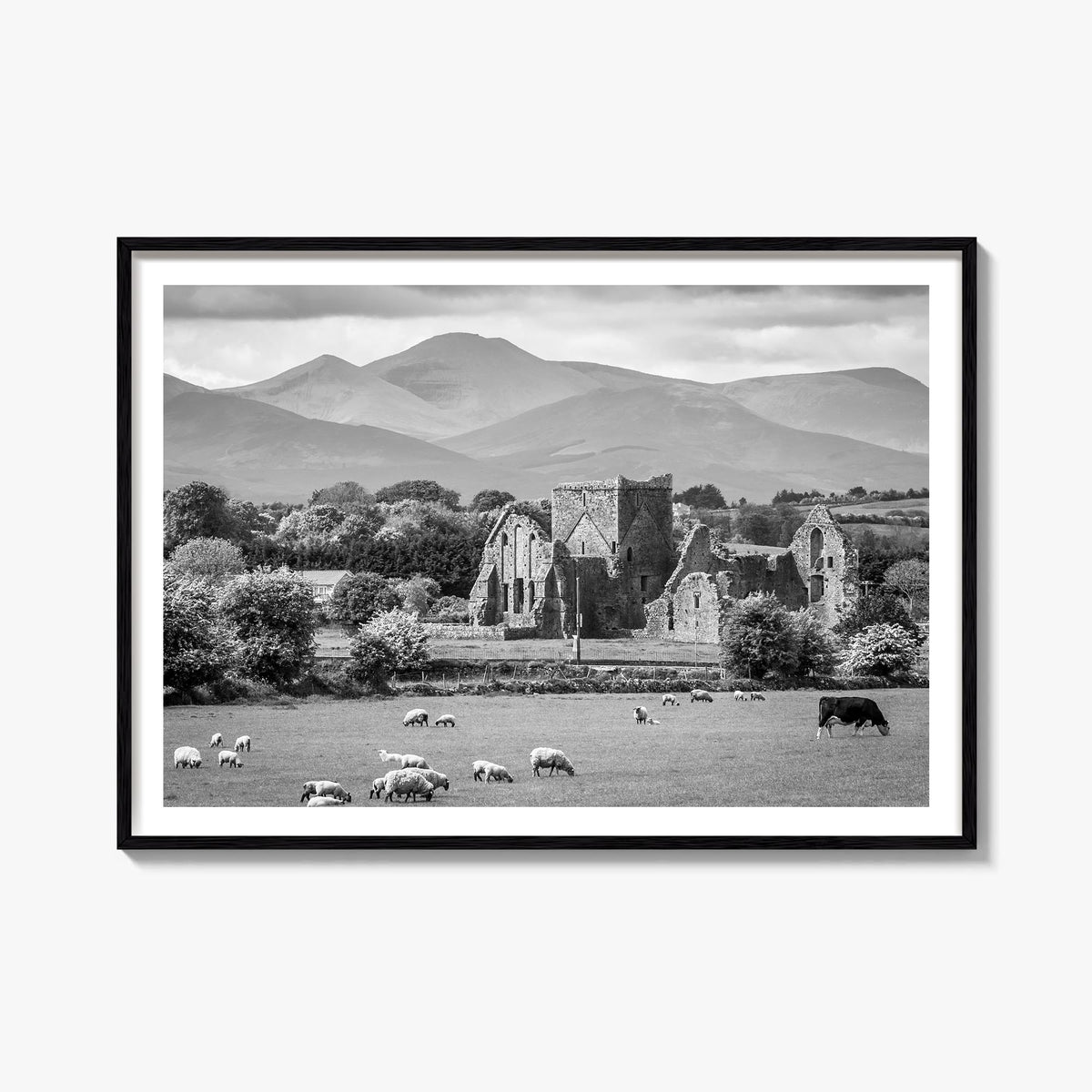Ireland black & white photo poster of Europe – horizontal wall art, unframed print shown in interior mockup