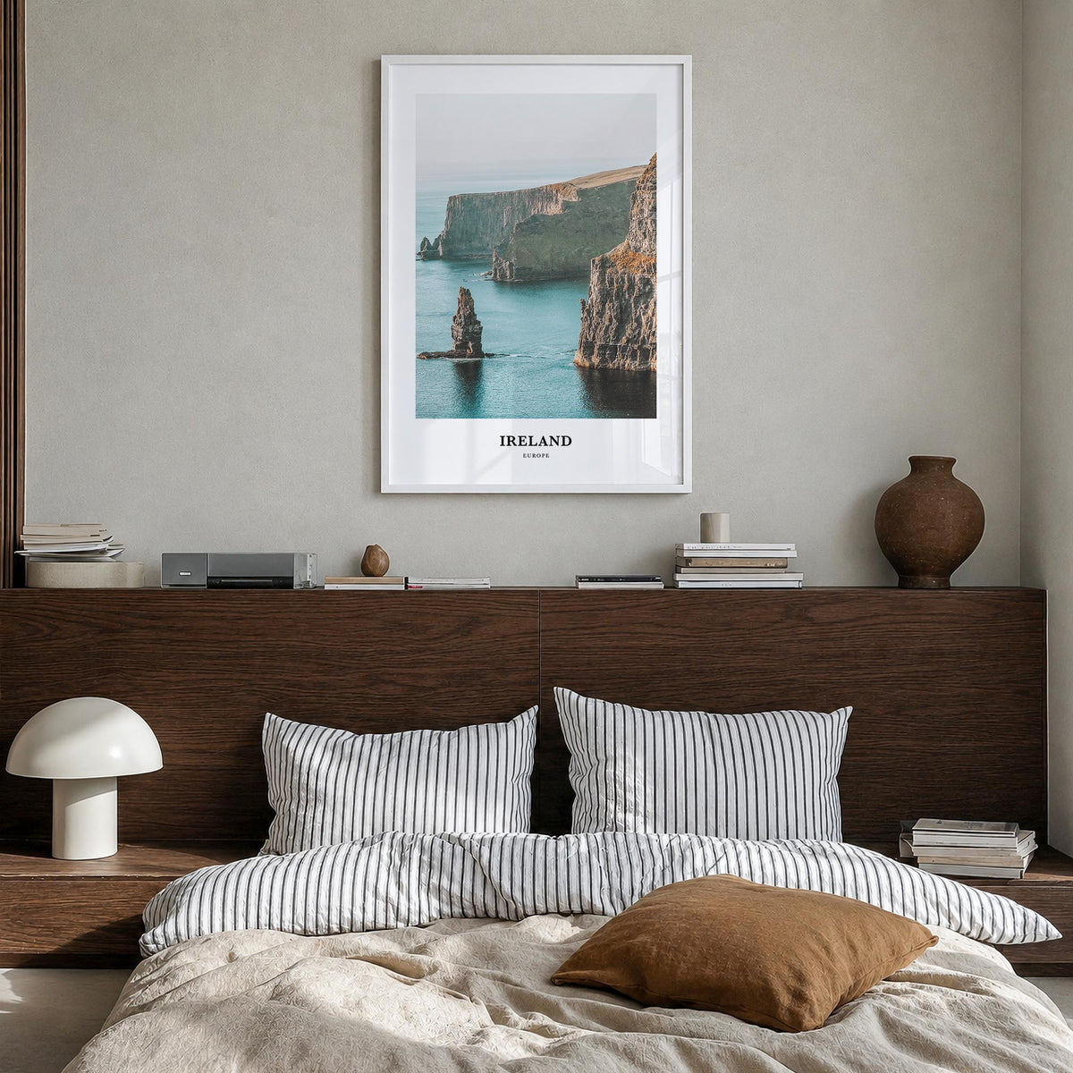 Ireland colorful classic poster of Europe – vertical wall art in white wood frame, hanging on wall