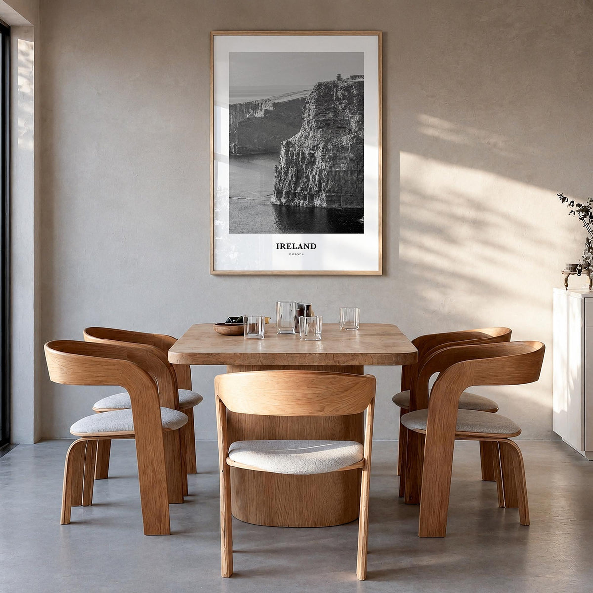 Ireland no. 1 black & white classic poster of Europe – vertical wall art in natural wood frame, hanging on wall
