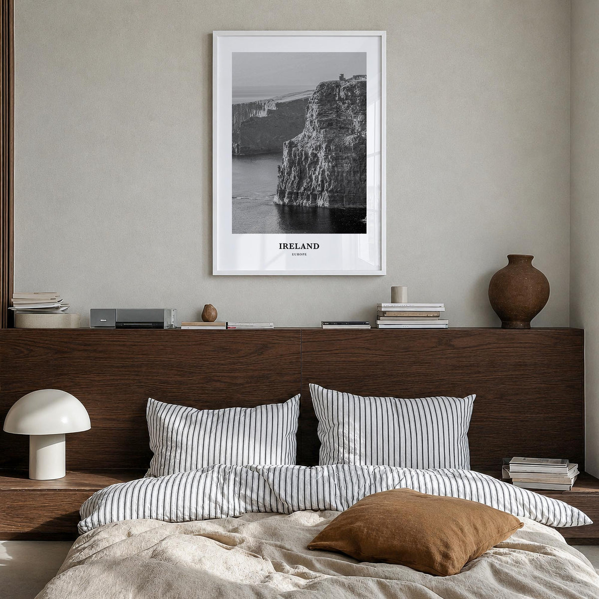 Ireland no. 1 black & white classic poster of Europe – vertical wall art in white wood frame, hanging on wall