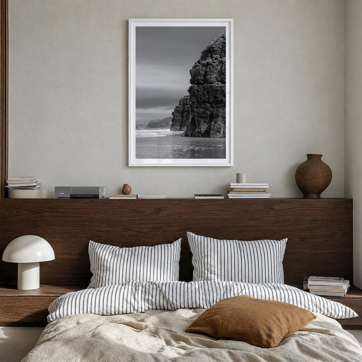 Ireland no. 1 black & white photo poster of Europe – vertical wall art in white wood frame with white border, hanging on wall