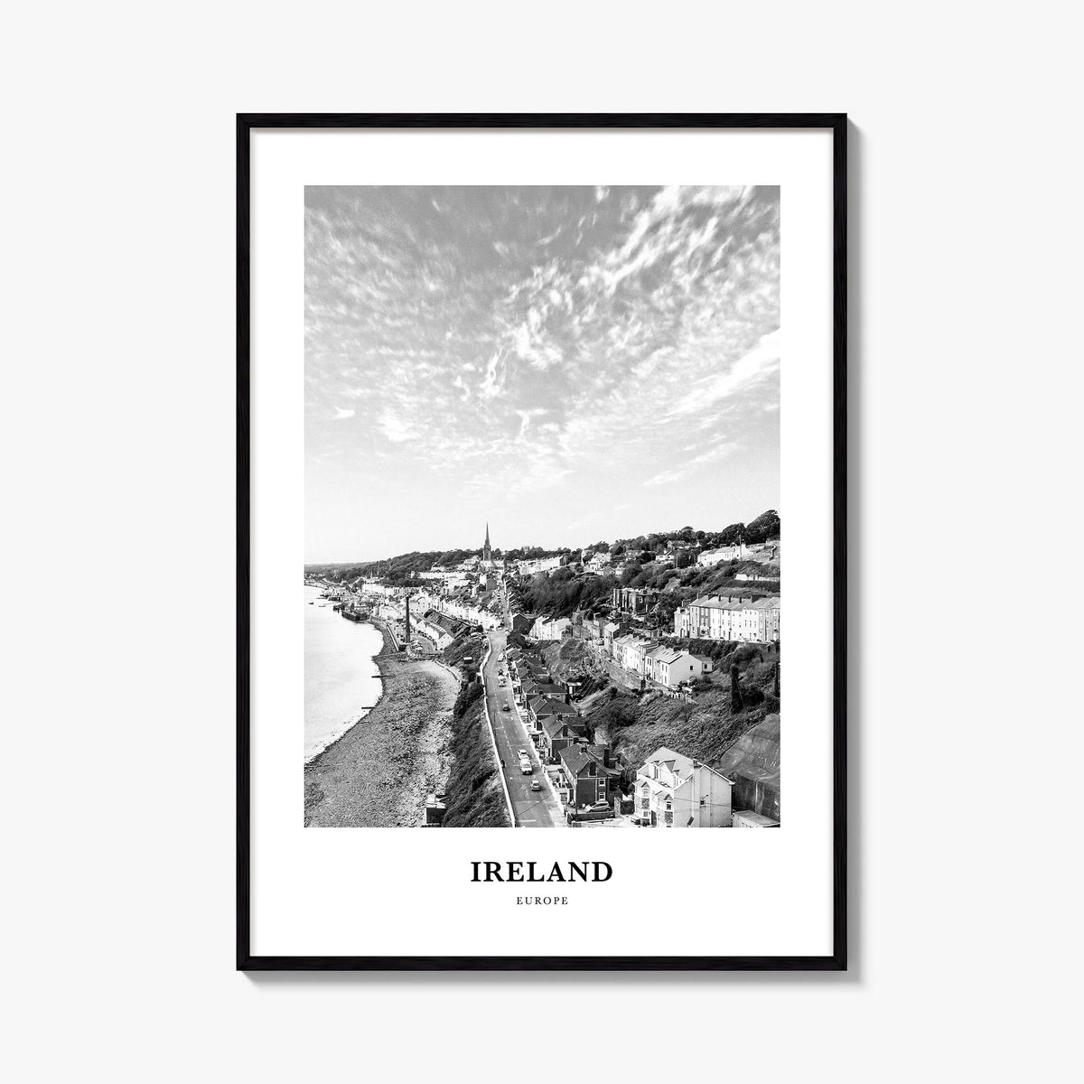 Ireland no. 2 black & white classic poster of Europe – vertical wall art, unframed print shown in interior mockup