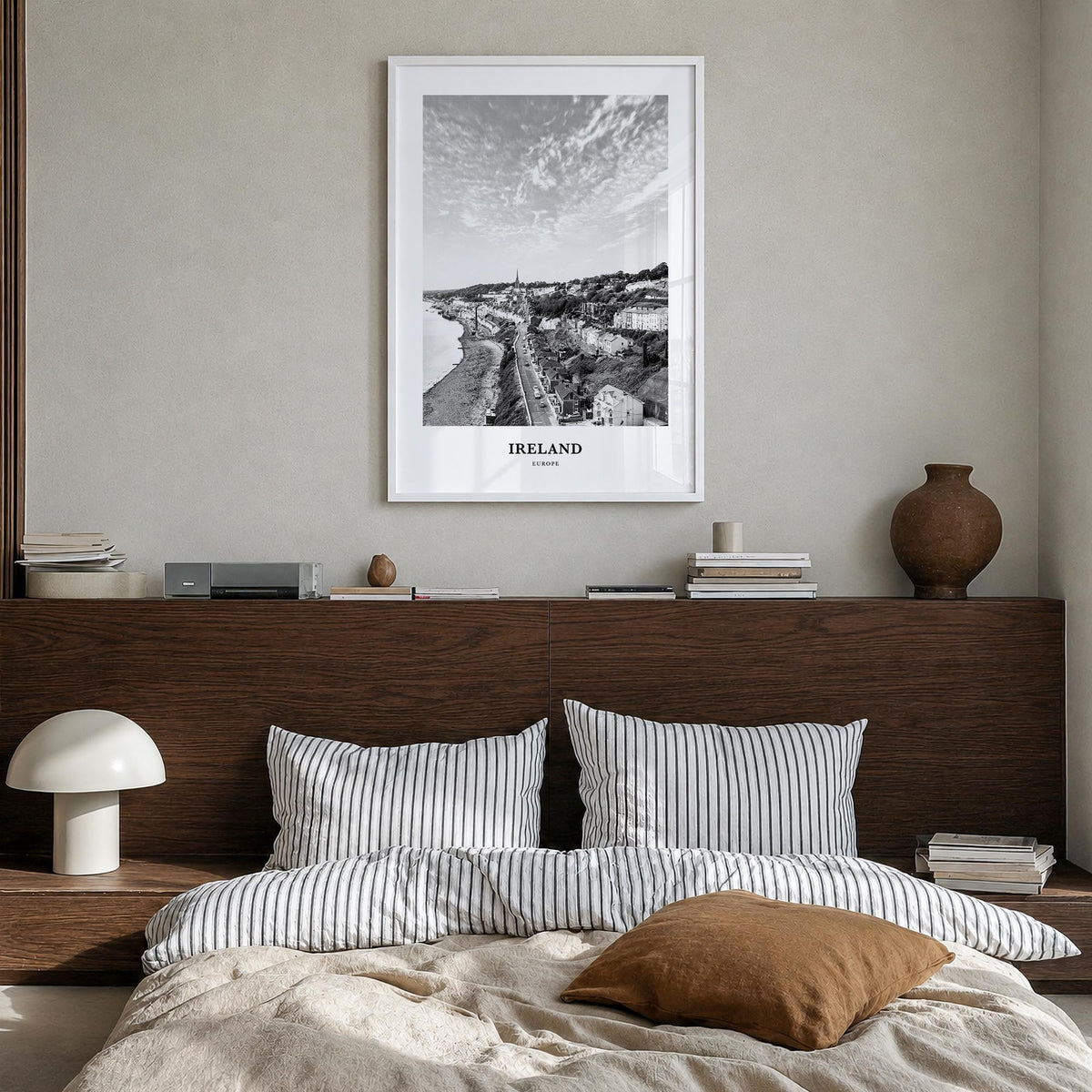 Ireland no. 2 black & white classic poster of Europe – vertical wall art in white wood frame, hanging on wall