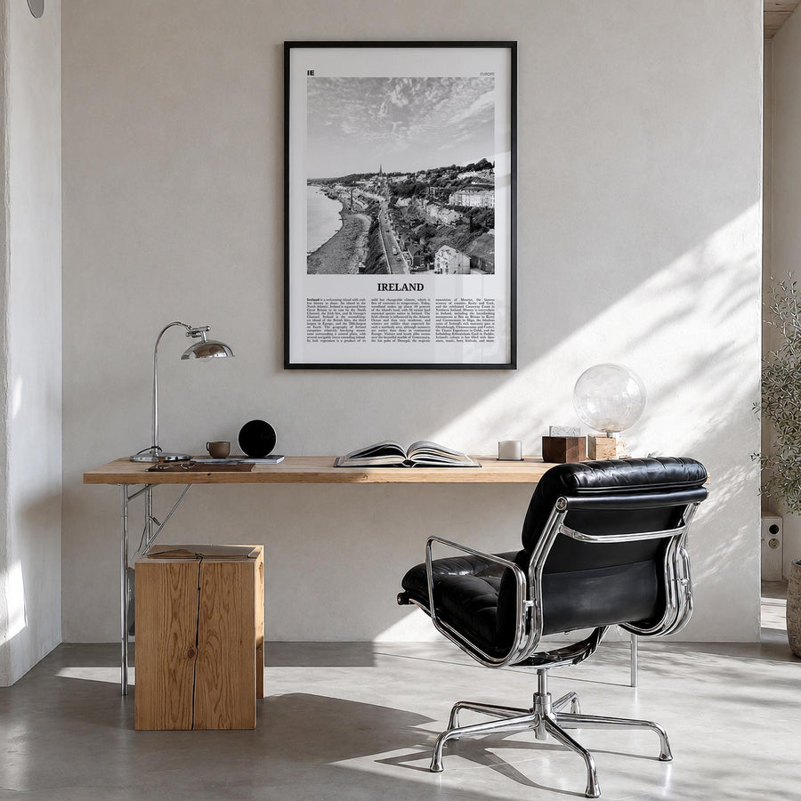 Ireland no. 2 black & white newspaper poster of Europe – vertical wall art in black wood frame, hanging on wall