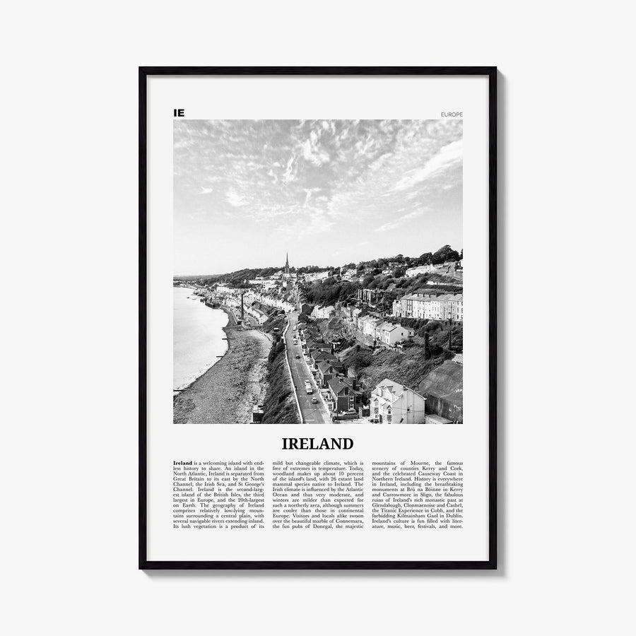 Ireland no. 2 black & white newspaper poster of Europe – vertical wall art, unframed print shown in interior mockup