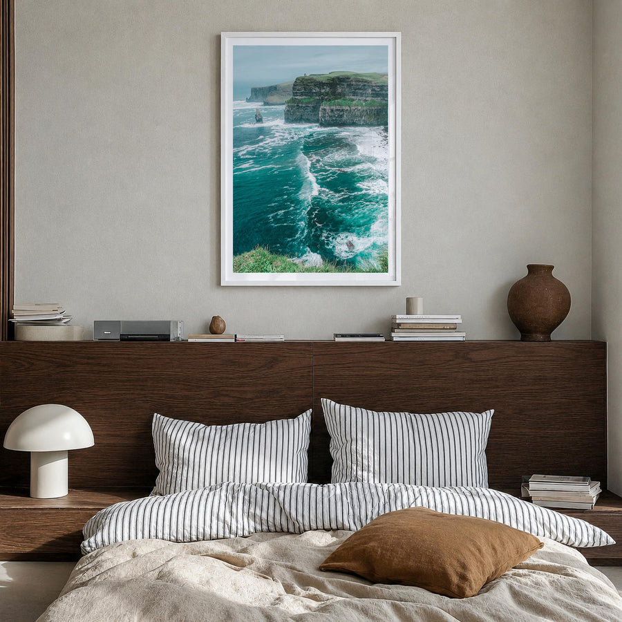 Ireland no. 2 colorful photo poster of Europe – vertical wall art in white wood frame with white border, hanging on wall