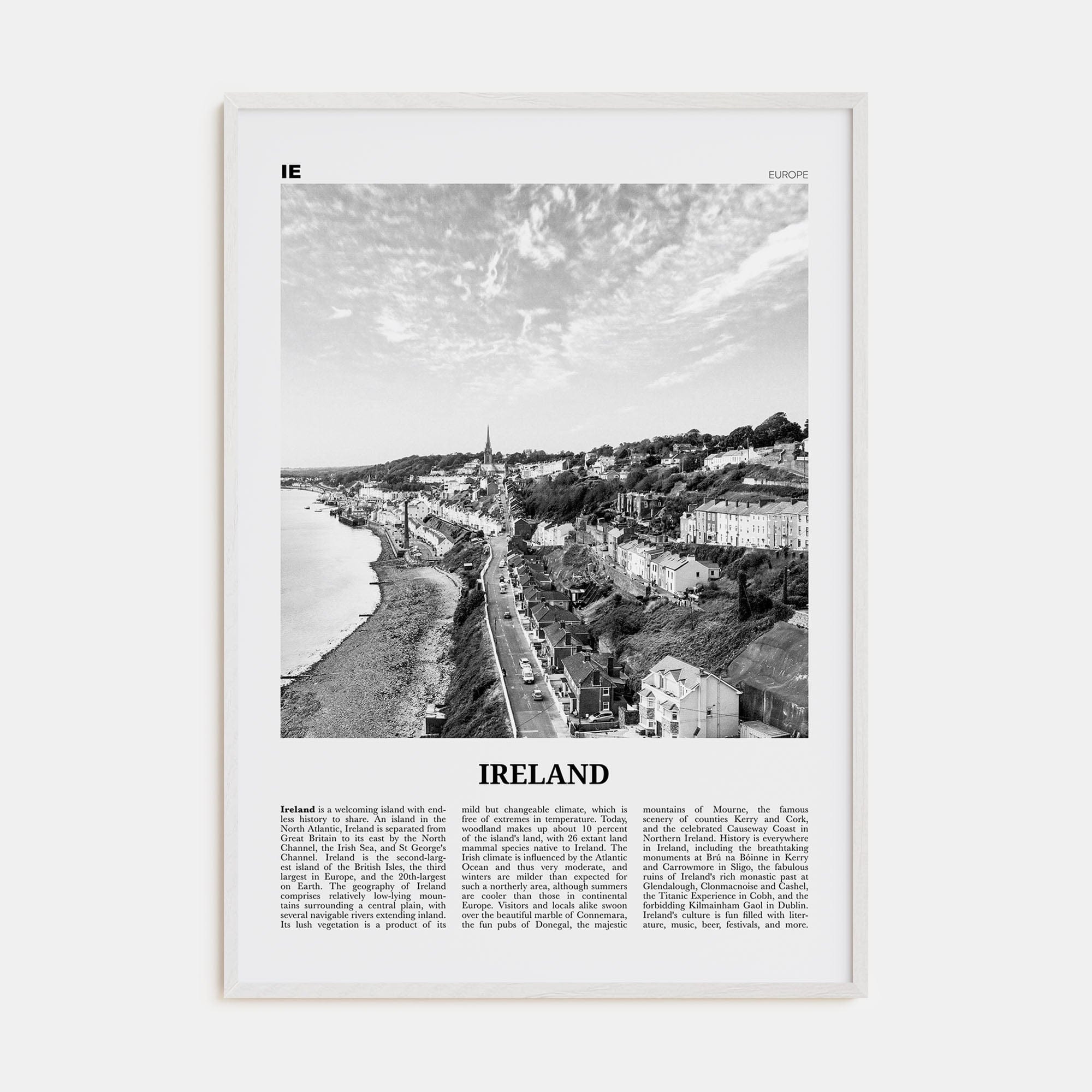 Ireland No 2 Poster White Wood / 8x12 in Nbourhood Travel B&W Poster