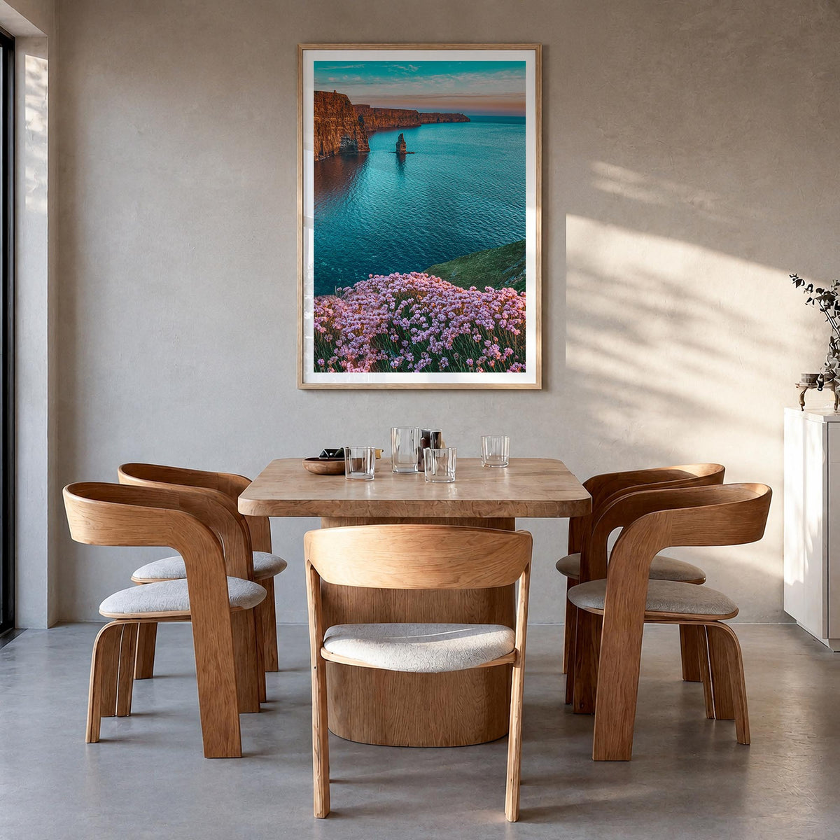 Ireland no. 3 colorful photo poster of Europe – vertical wall art in natural wood frame with white border, hanging on wall