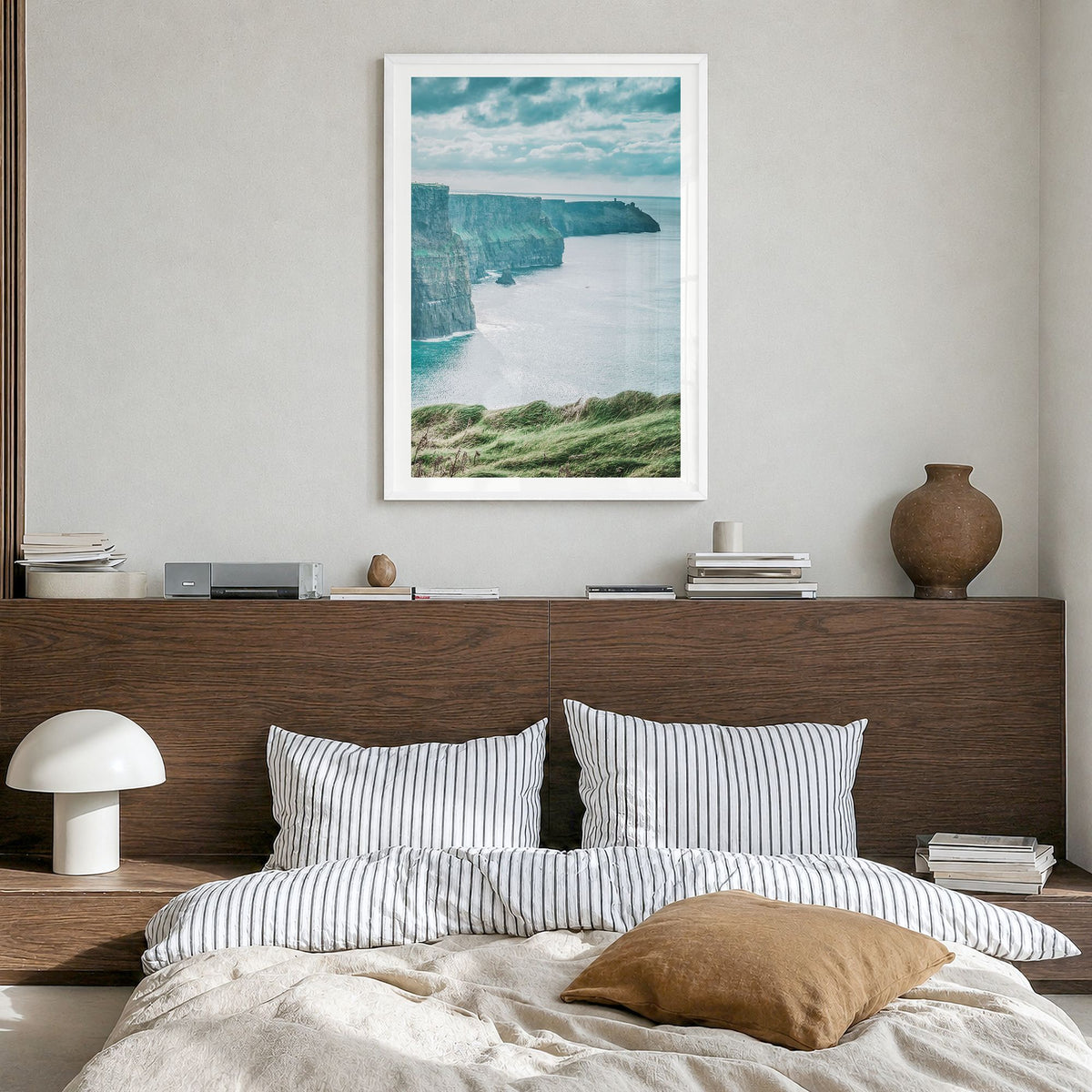 Ireland Photo No 1 Poster in a white wood frame, hanging in a bedroom, white border