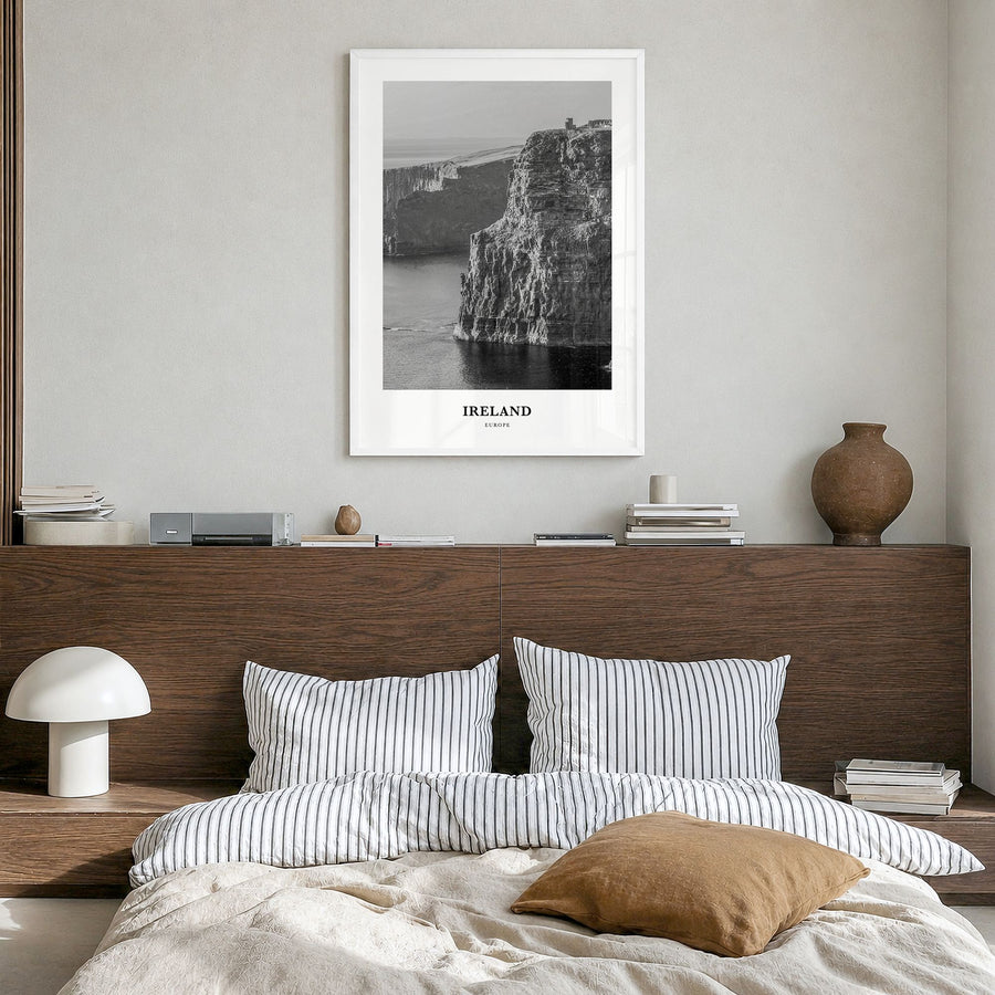 Ireland Classic No 1 Poster in a white wood frame, hanging in a bedroom