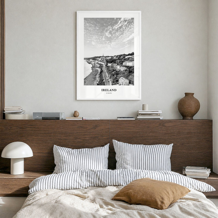 Ireland Classic No 2 Poster in a white wood frame, hanging in a bedroom