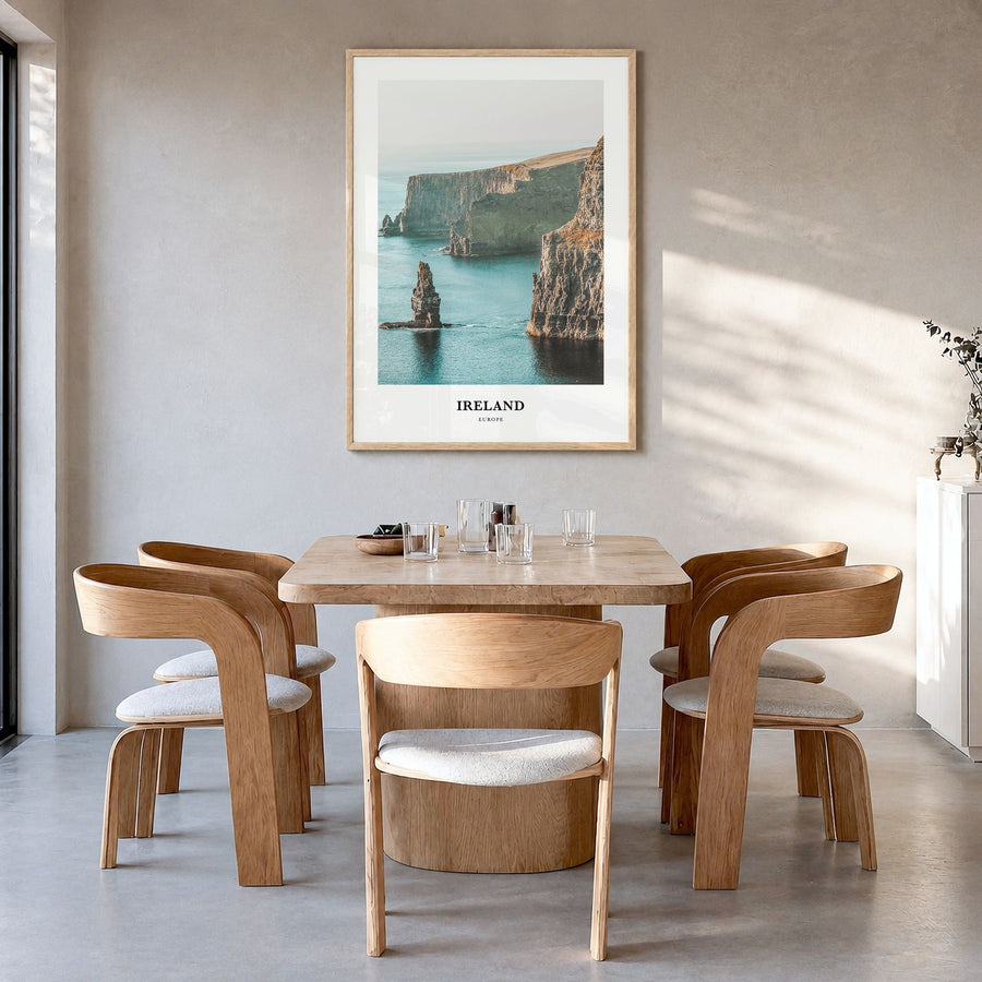 Ireland Classic Poster in a natural wood frame, hanging in a dining room