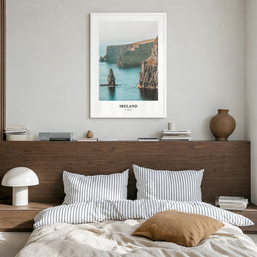 Ireland Classic Poster in a white wood frame, hanging in a bedroom