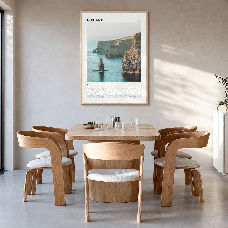 Ireland Travel Poster in a natural wood frame, hanging in a dining room
