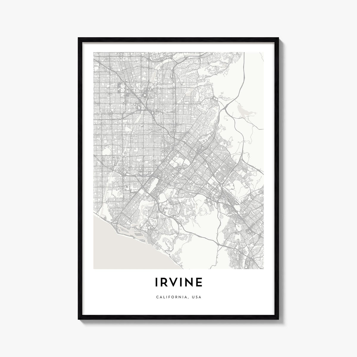 Irvine black & white map poster of California, USA – vertical wall art, unframed print shown in interior mockup