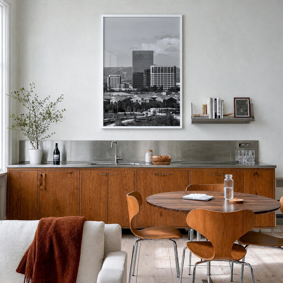 Irvine black & white photo poster of California, USA – vertical wall art in white wood frame, hanging on wall