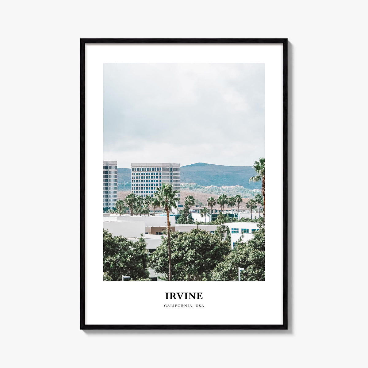 Irvine colorful classic poster of California, USA – vertical wall art, unframed print shown in interior mockup