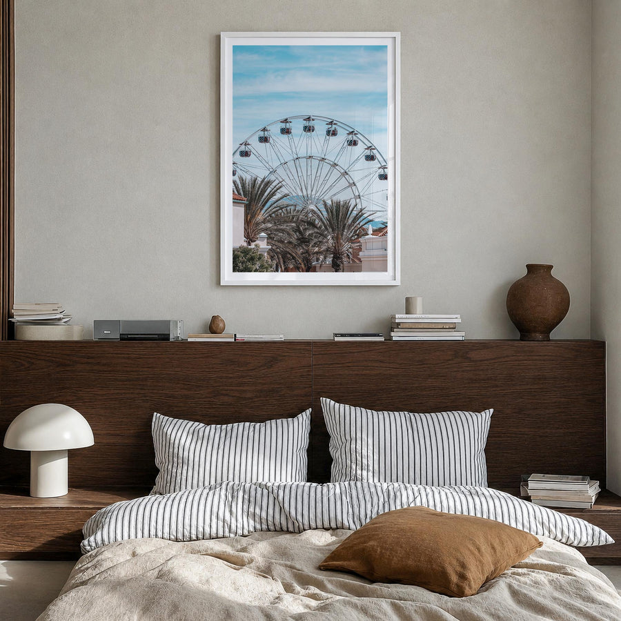 Irvine colorful photo poster of California, USA – vertical wall art in white wood frame with white border, hanging on wall