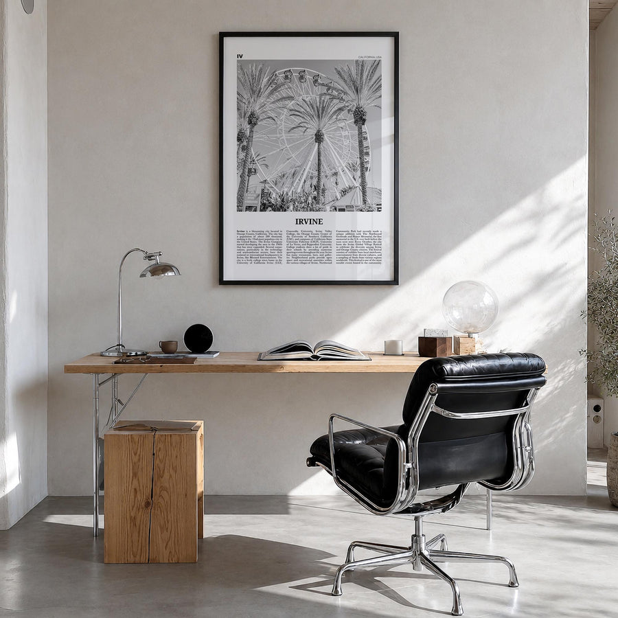 Irvine no. 1 black & white newspaper poster of California, USA – vertical wall art in black wood frame, hanging on wall