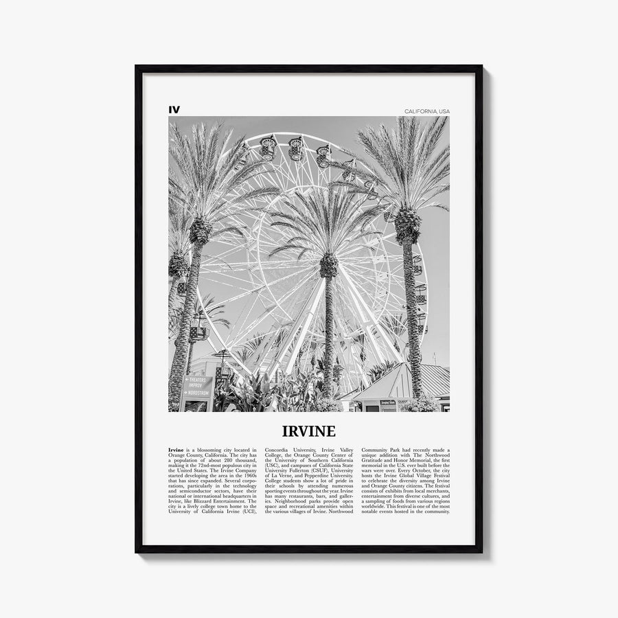 Irvine no. 1 black & white newspaper poster of California, USA – vertical wall art, unframed print shown in interior mockup