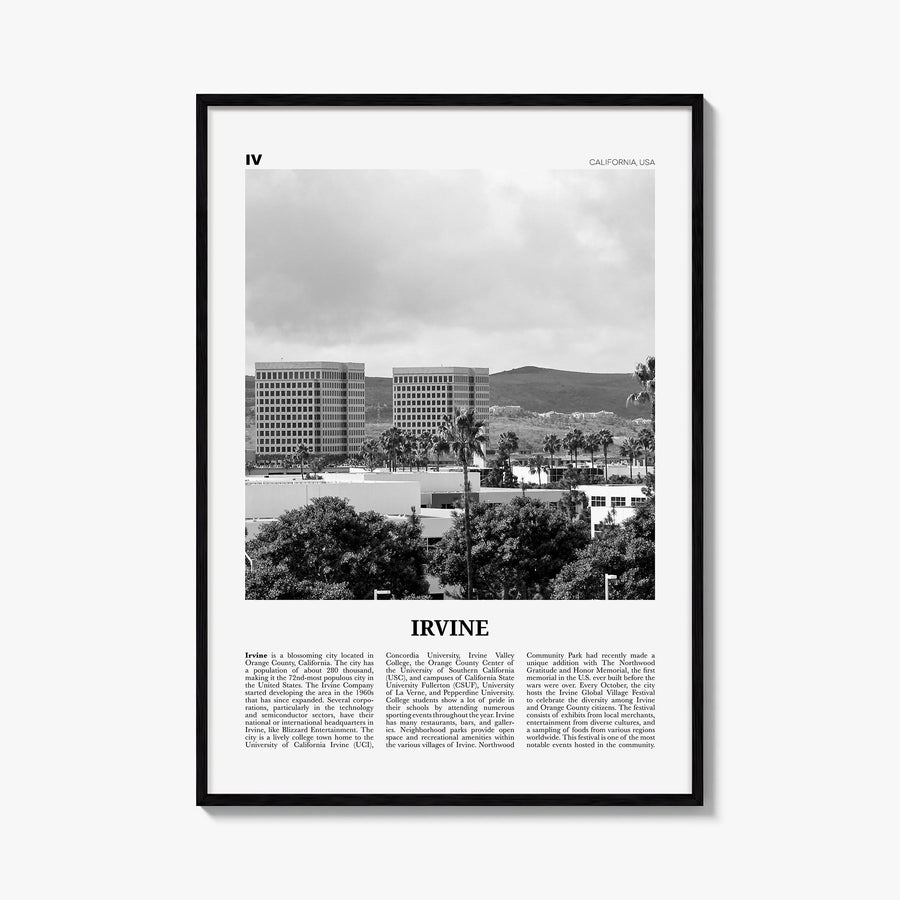 Irvine no. 2 black & white newspaper poster of California, USA – vertical wall art, unframed print shown in interior mockup