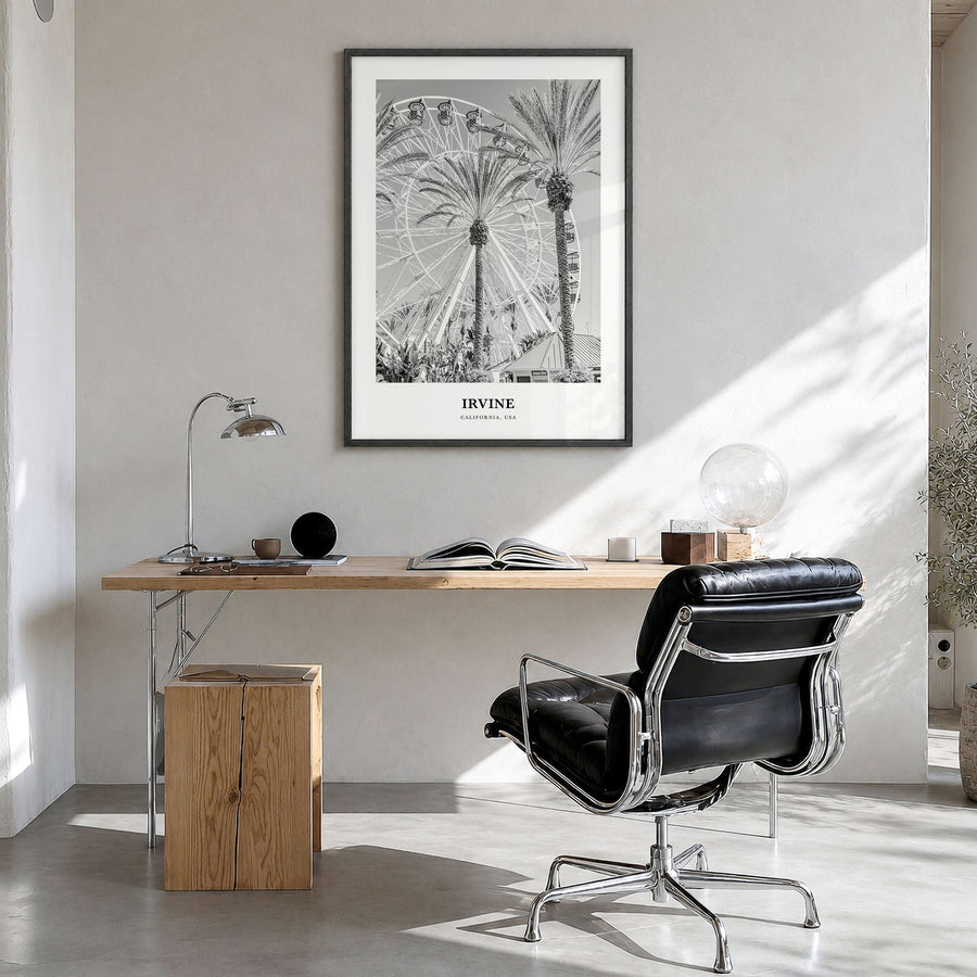 Irvine Classic No 1 Poster in a black wood frame, hanging in a bright home office