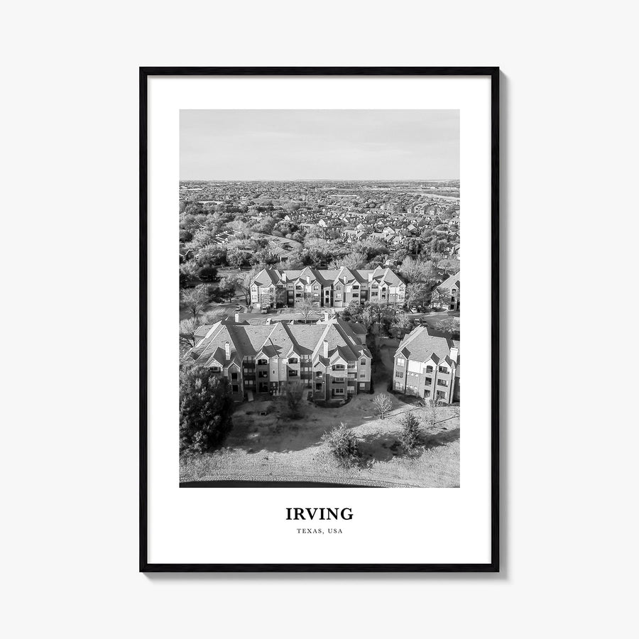Irving black & white classic poster of Texas, USA – vertical wall art, unframed print shown in interior mockup