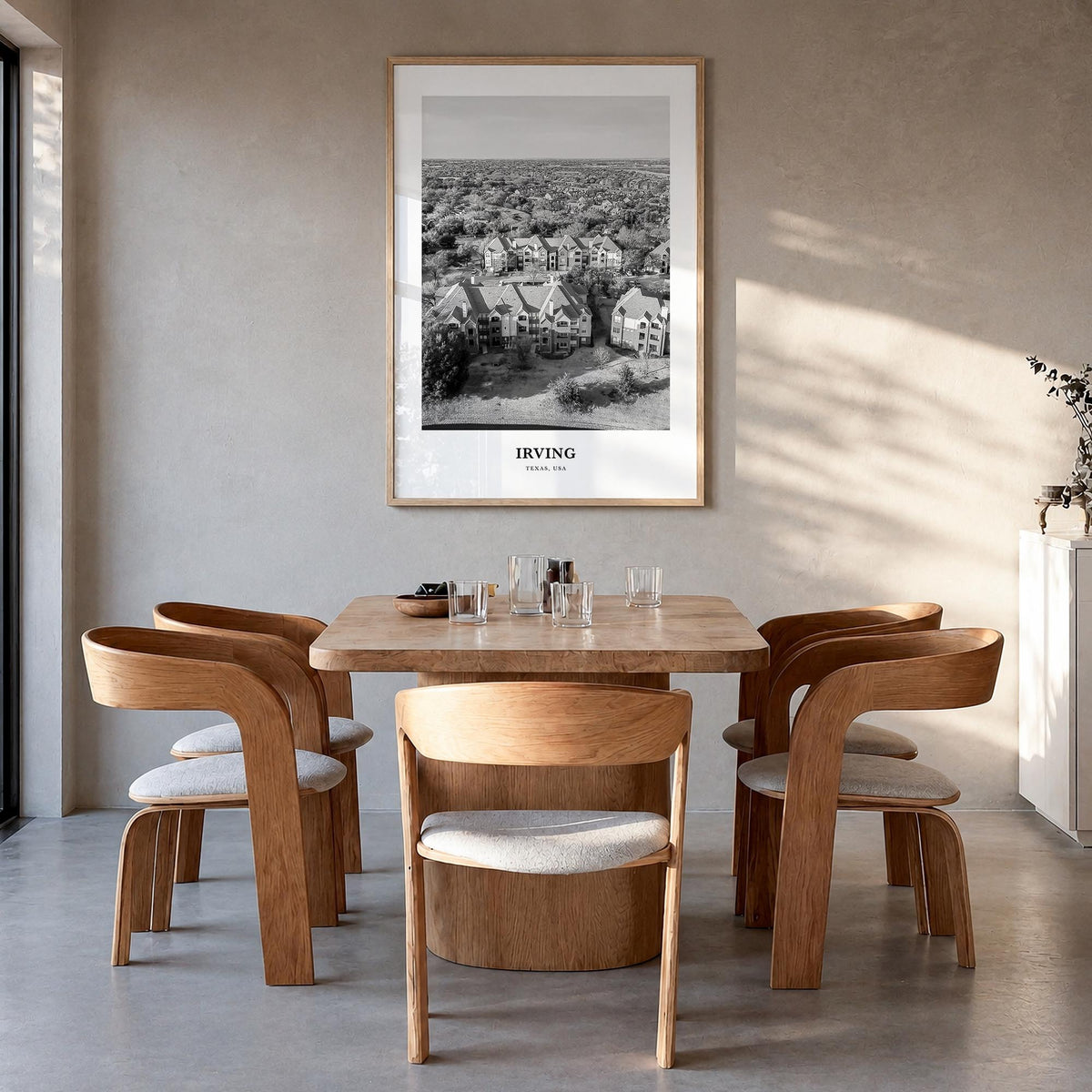 Irving black & white classic poster of Texas, USA – vertical wall art in natural wood frame, hanging on wall