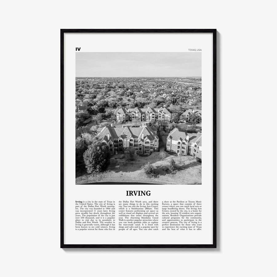Irving black & white newspaper poster of Texas, USA – vertical wall art, unframed print shown in interior mockup