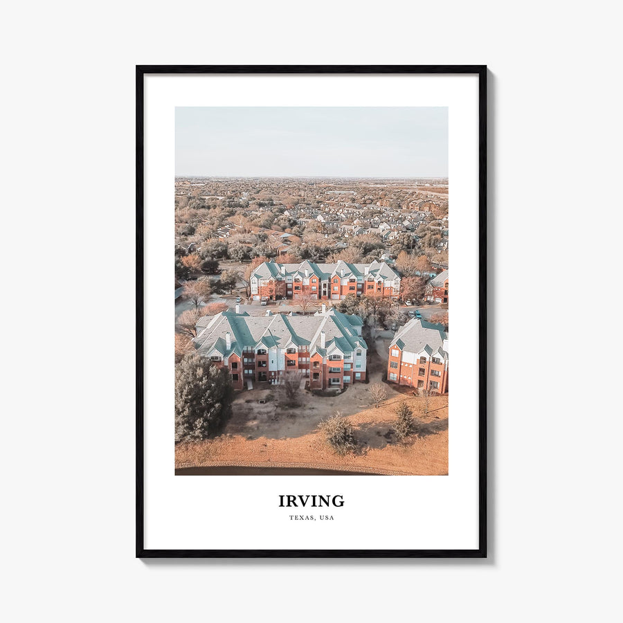 Irving colorful classic poster of Texas, USA – vertical wall art, unframed print shown in interior mockup