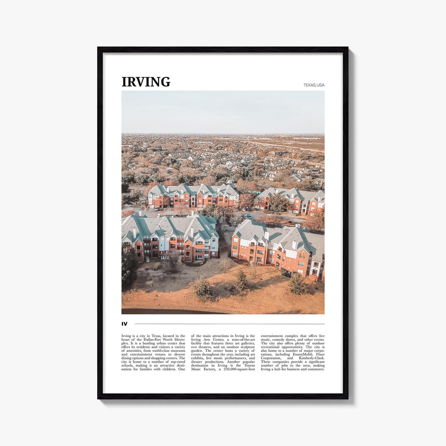 Irving colorful travel poster of Texas, USA – vertical wall art, unframed print shown in interior mockup
