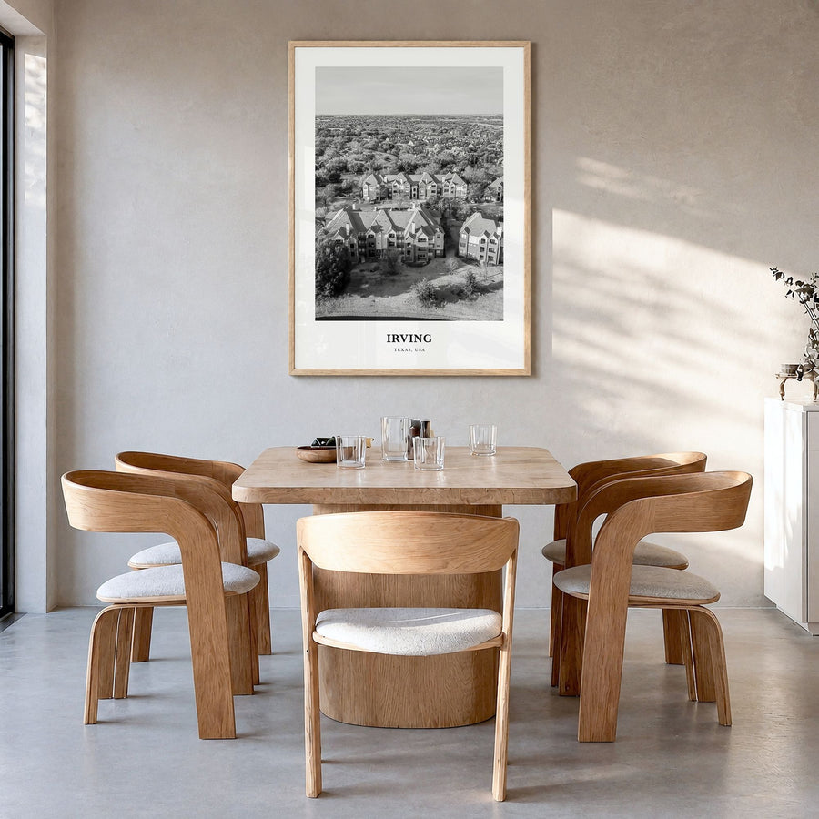 Irving Classic Poster in a natural wood frame, hanging in a dining room