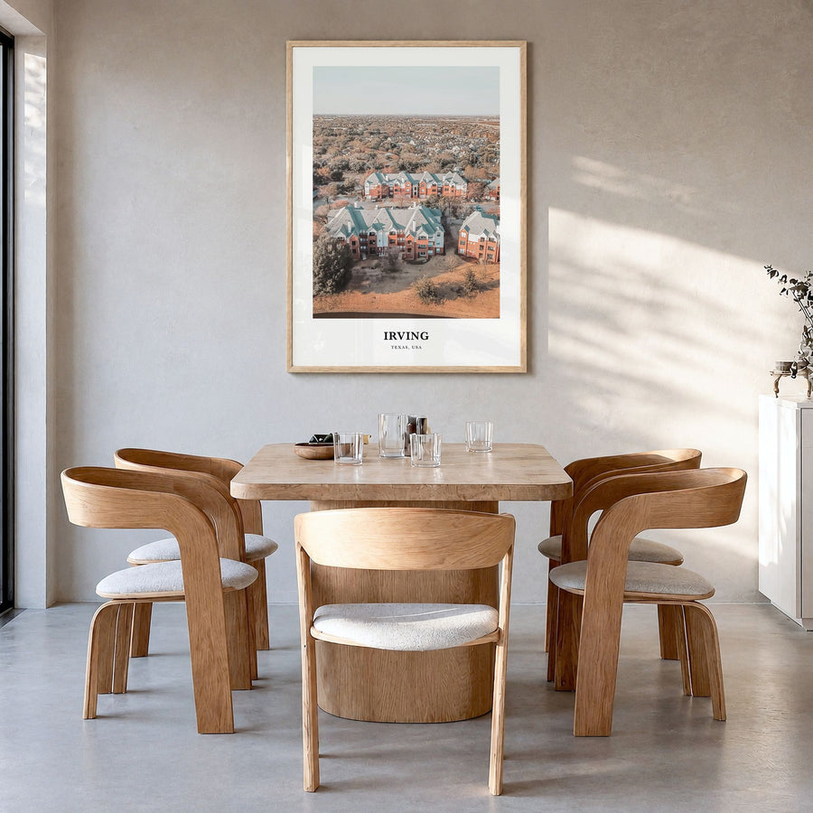 Irving Classic Poster in a natural wood frame, hanging in a dining room