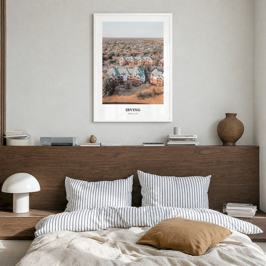 Irving Classic Poster in a white wood frame, hanging in a bedroom