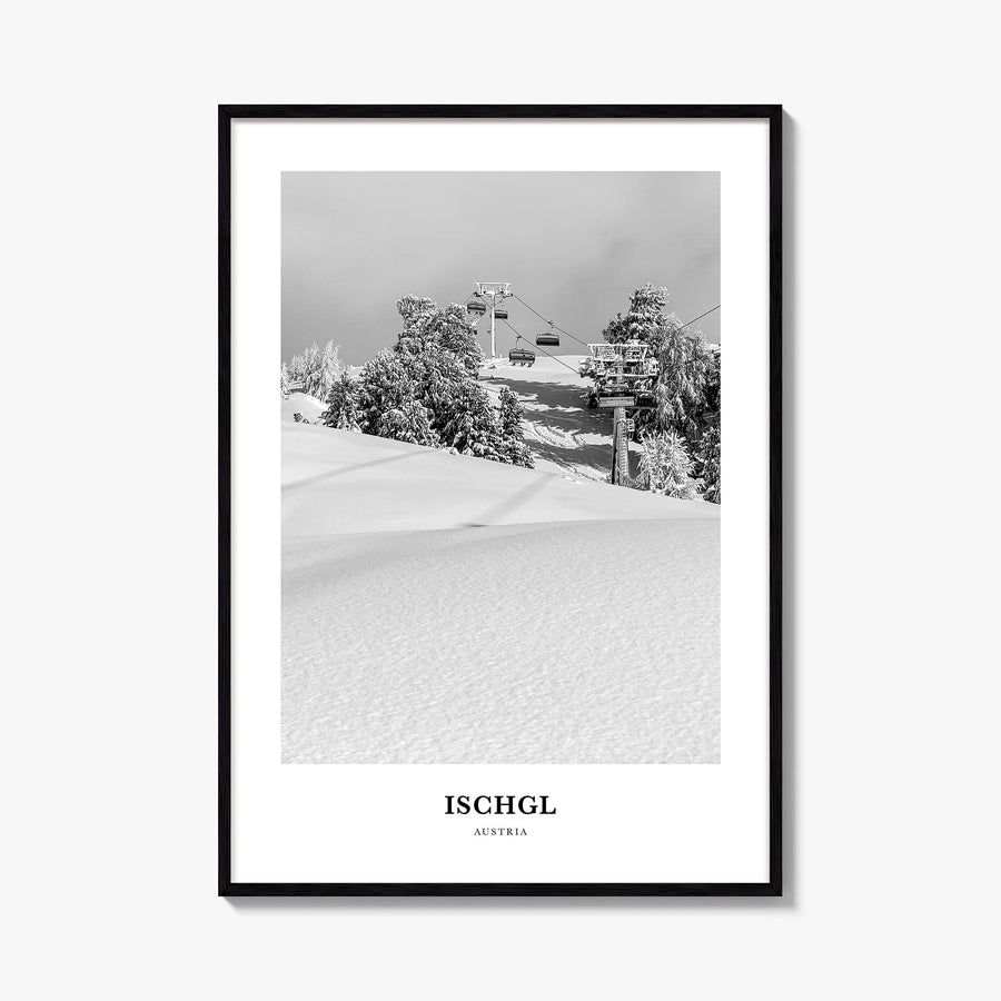 Ischgl black & white classic poster of Austria – vertical wall art, unframed print shown in interior mockup