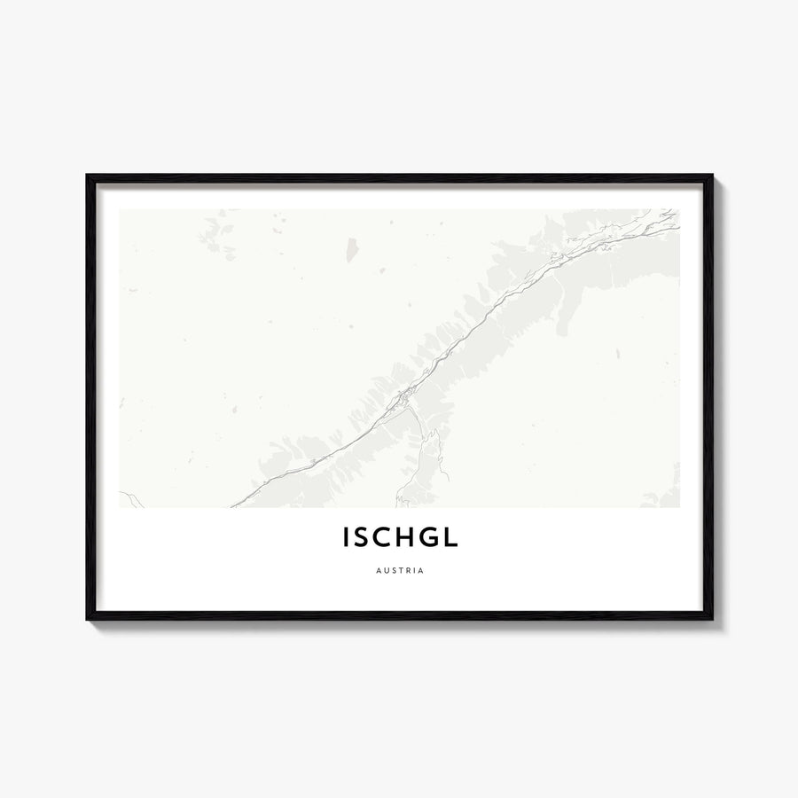 Ischgl black & white map poster of Austria – horizontal wall art, unframed print shown in interior mockup