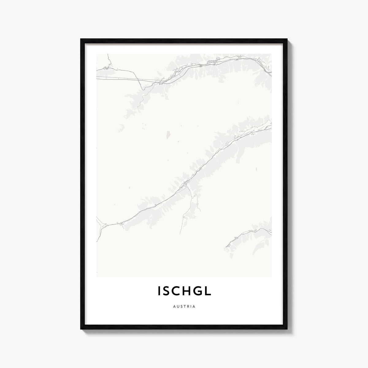 Ischgl black & white map poster of Austria – vertical wall art, unframed print shown in interior mockup