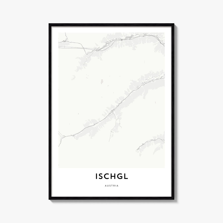 Ischgl black & white map poster of Austria – vertical wall art, unframed print shown in interior mockup