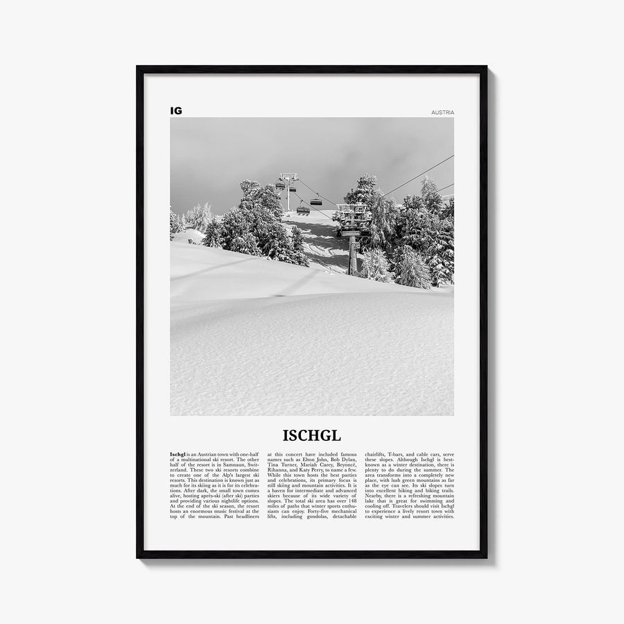Ischgl black & white newspaper poster of Austria – vertical wall art, unframed print shown in interior mockup