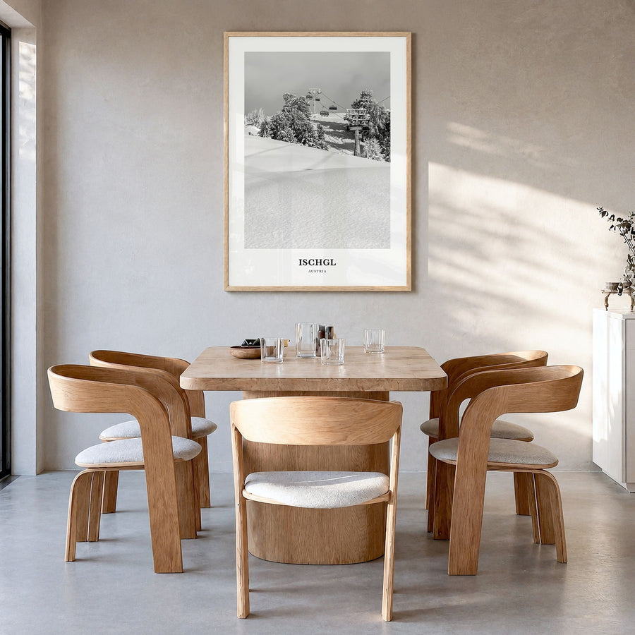 Ischgl Classic Poster in a natural wood frame, hanging in a dining room