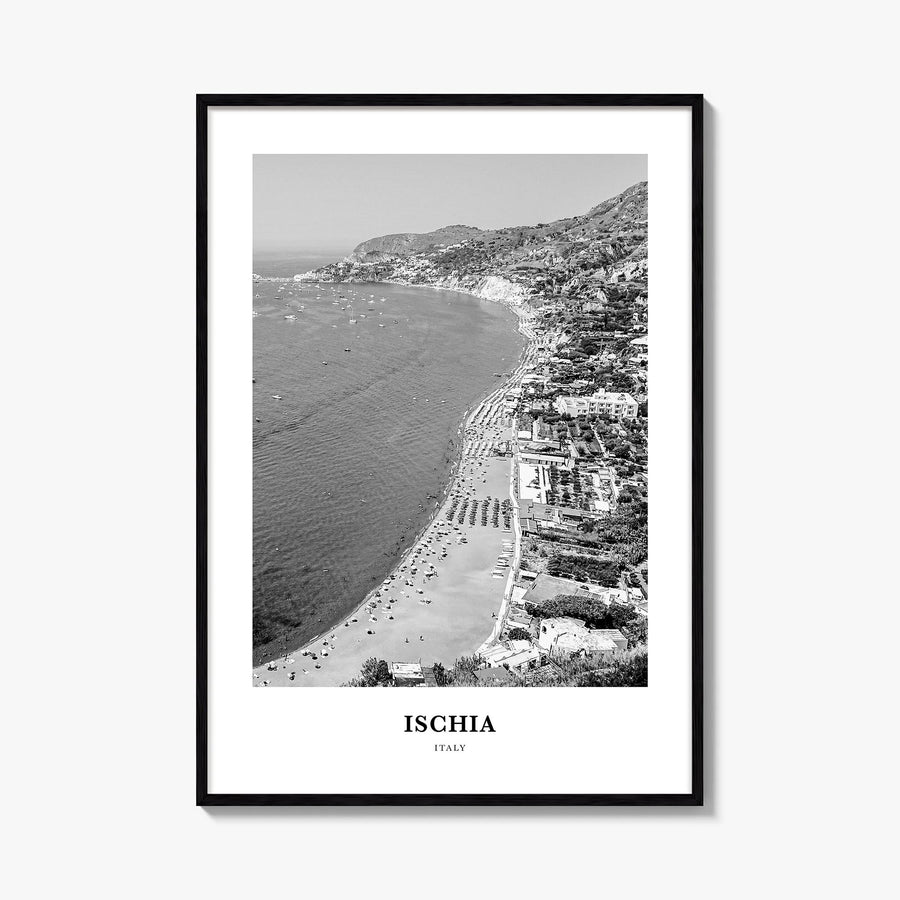 Ischia black & white classic poster of Italy – vertical wall art, unframed print shown in interior mockup