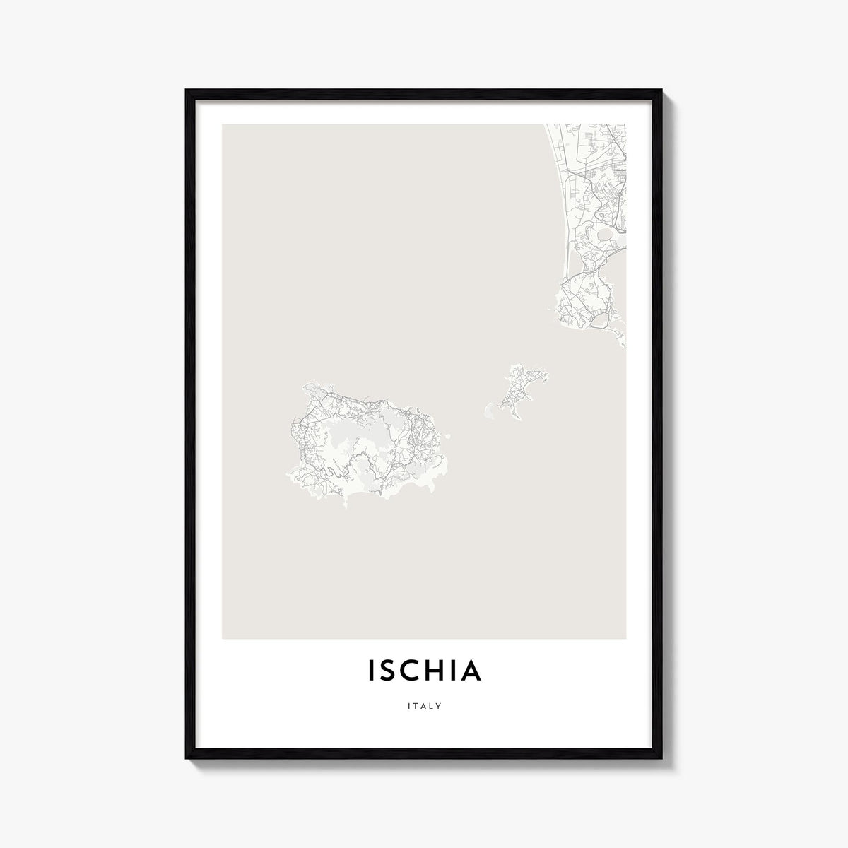 Ischia black & white map poster of Italy – vertical wall art, unframed print shown in interior mockup