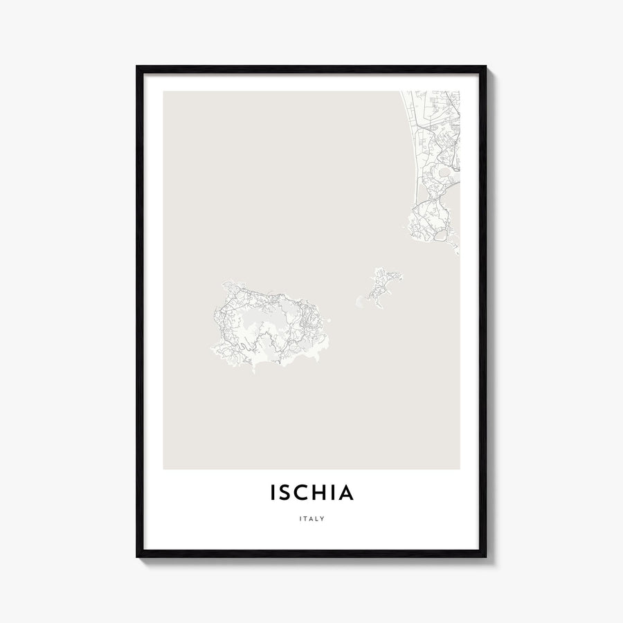 Ischia black & white map poster of Italy – vertical wall art, unframed print shown in interior mockup