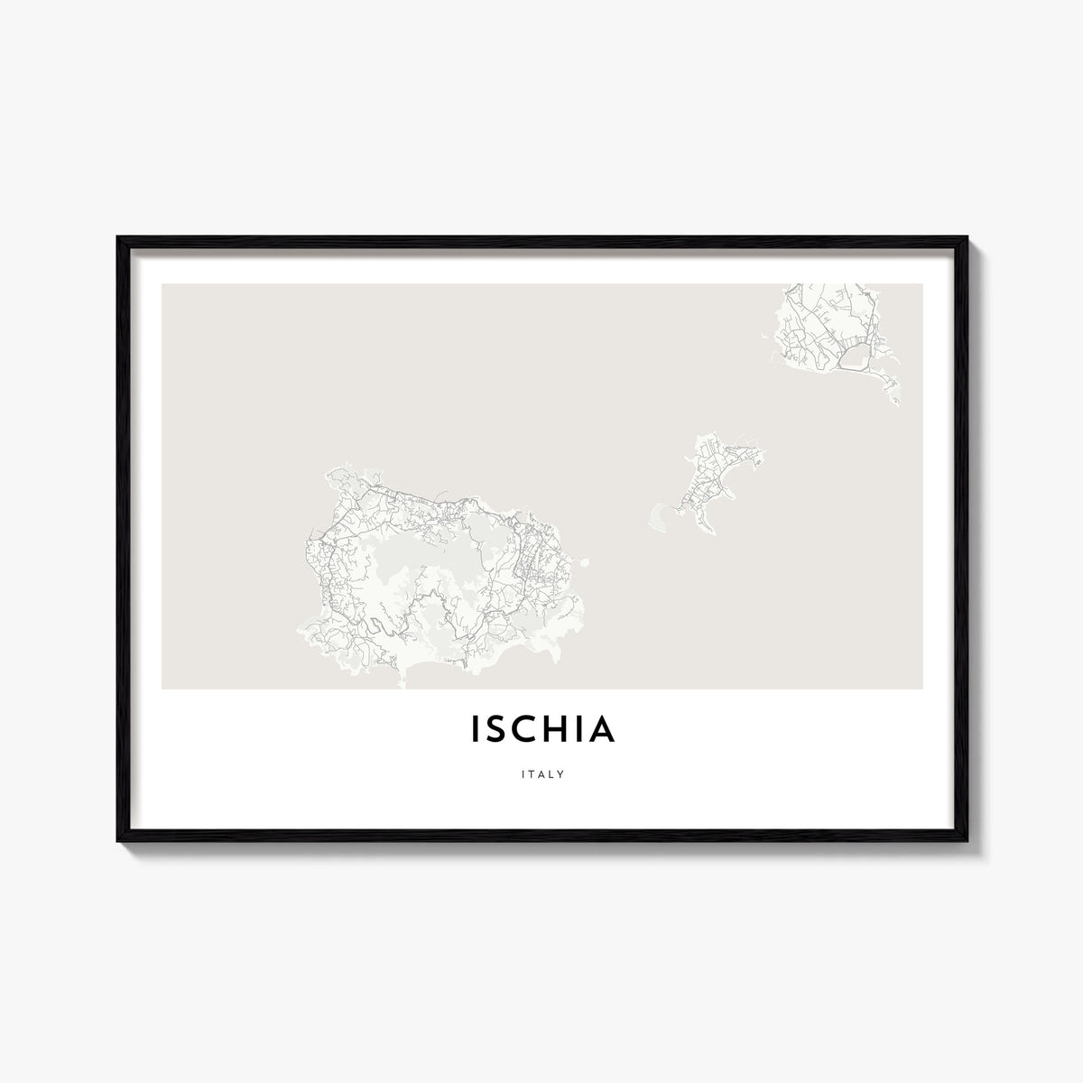 Ischia black & white map poster of Italy – horizontal wall art, unframed print shown in interior mockup